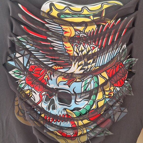 Sheer Mesh sleeved top. Distressed w/graphic of skull. NWT. Women's Large - Picture 2 of 4